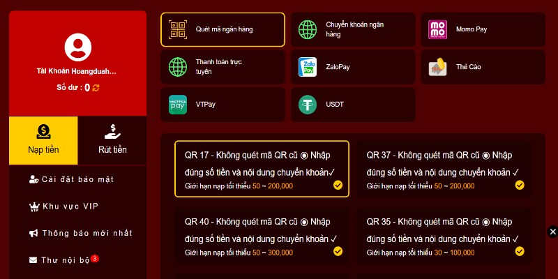 Giao diện nạp số dư qua hệ thống ngân hàng nội địa